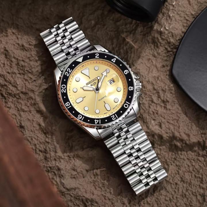 Seiko 5 Sports GMT Quartz Movement Silver Champagne Gold