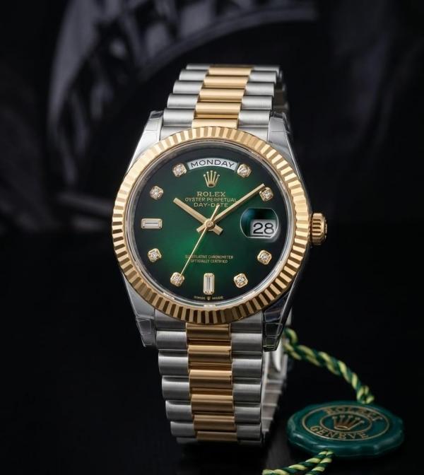 Rolee_x Oyster Perpetual Day Date Diamond 2Ton-Gold-Green 40 Battery