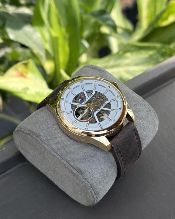 Tommy Hilfige_r Automatic Leather DarkBrown-Gold-White