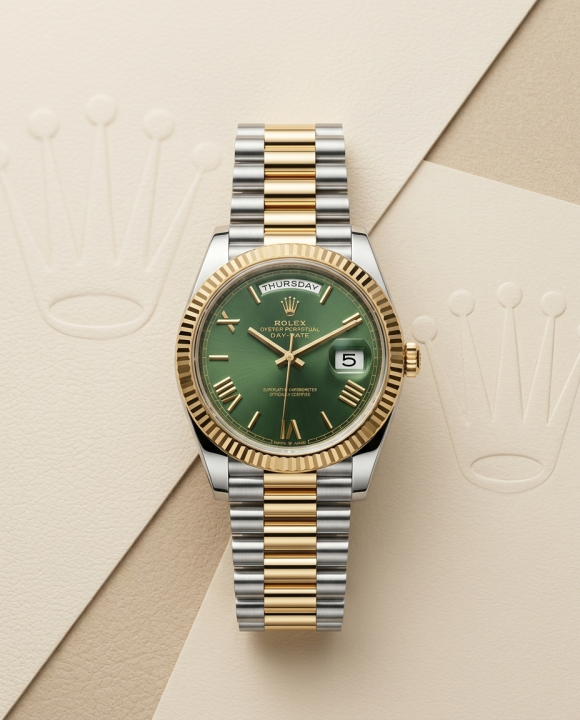 Rolee_x Oyster Perpetual Day Date 40 Battery 2Ton-Gold-Green