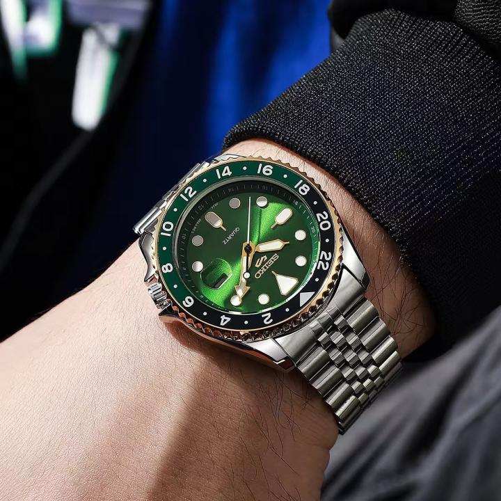Seiko 5 Sports GMT Quartz Movement Silver Green Gold Border-Bazel