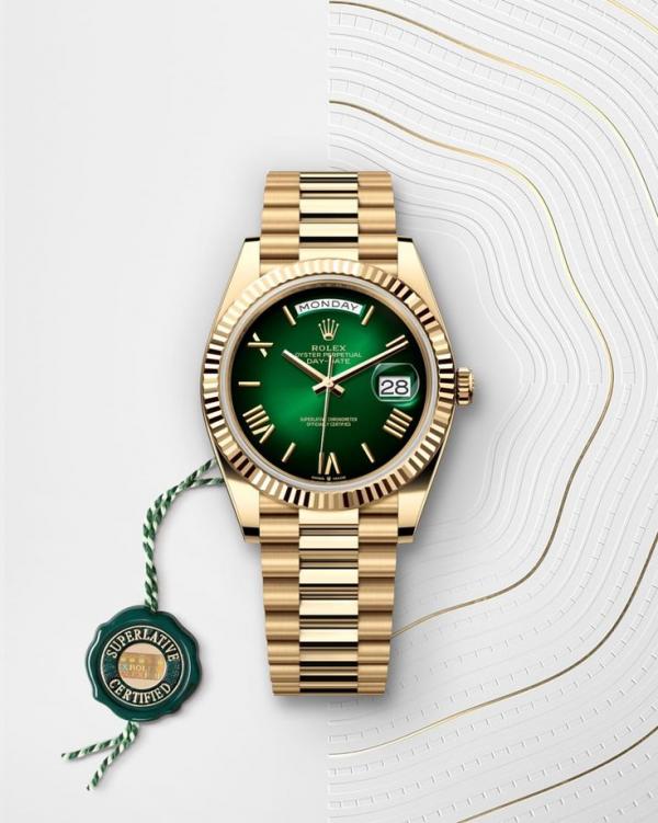 Rolee_x Oyster Perpetual Day Date 40 Battery Gold Green