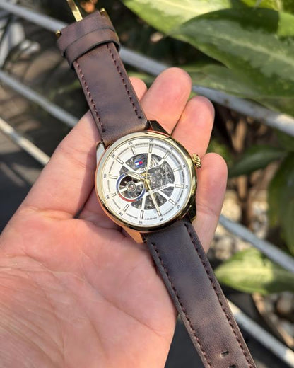 Tommy Hilfige_r Automatic Leather DarkBrown-Gold-White